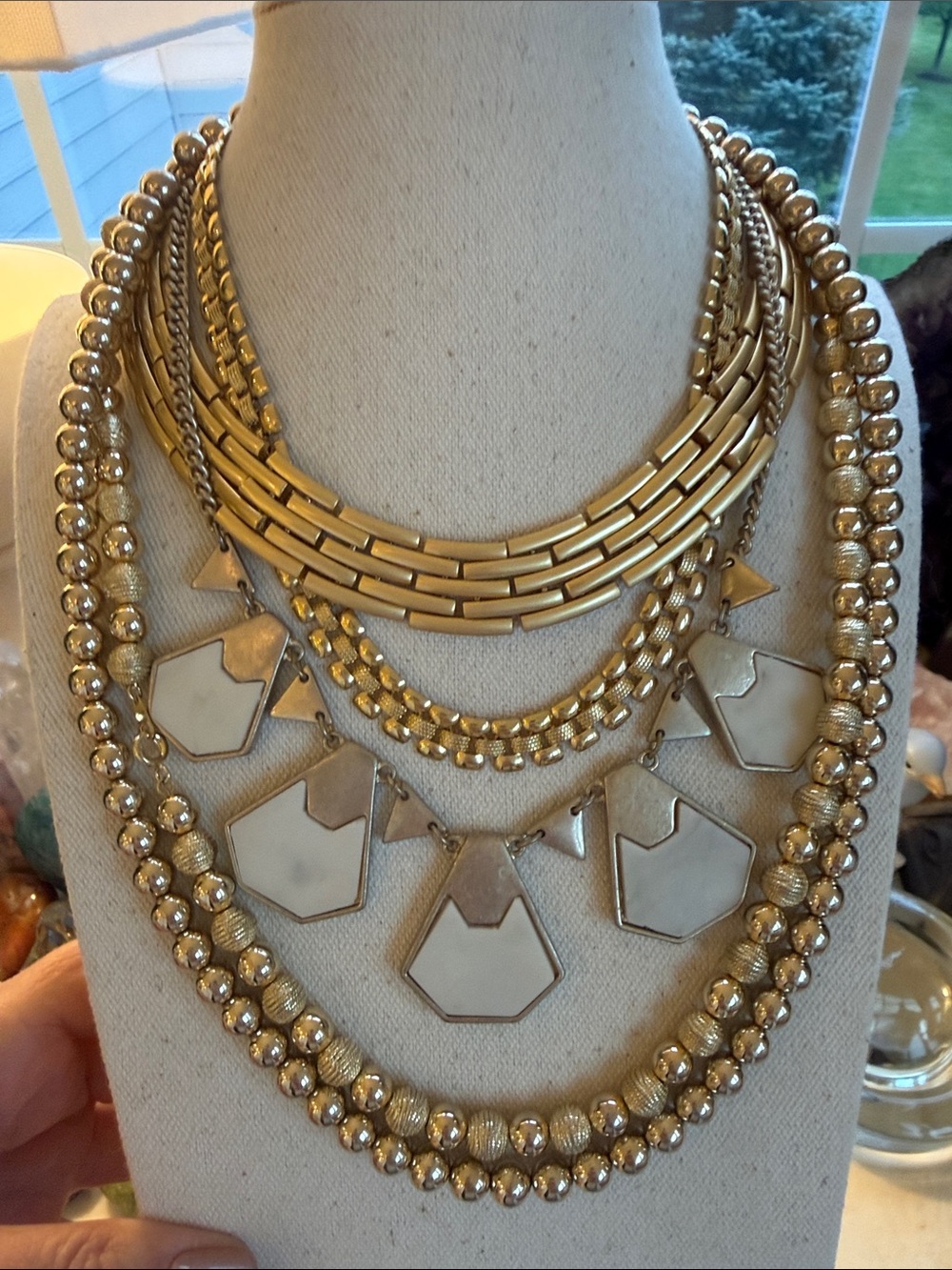Gold Multi-Layer Statement Necklaces with Geometric Pendants